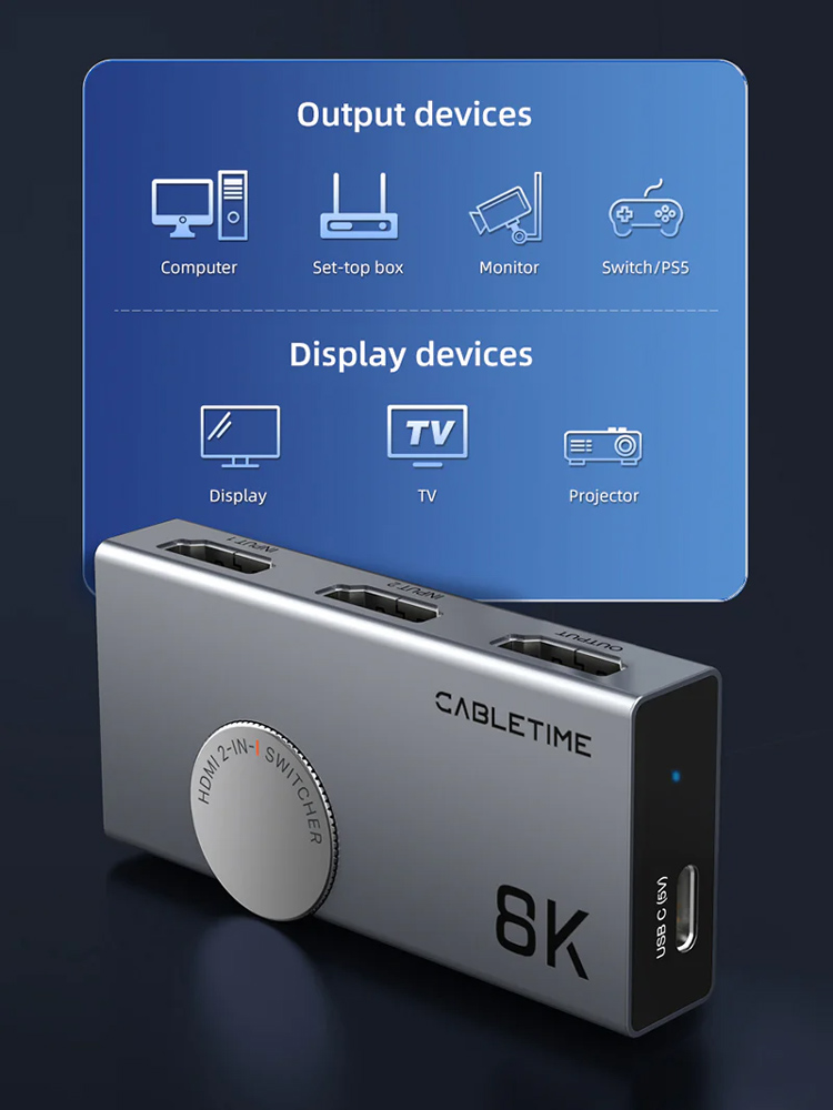CABLETIME HDMI switch CT-HS8K2-AG, 2 σε 1, 8K/60Hz, 4K/120Hz, γκρι - Image 8