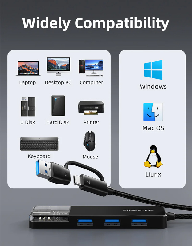 CABLETIME USB hub CT-HUBT3-PB, 4x θυρών, 5Gbps, USB/USB-C σύνδεση, μαύρο - Image 5