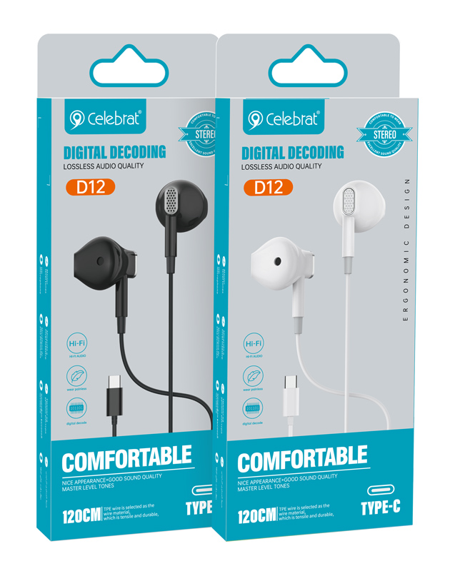 CELEBRAT earphones με μικρόφωνο D12, USB-C σύνδεση, Φ14.2mm, 1.2m, μαύρα - Image 4