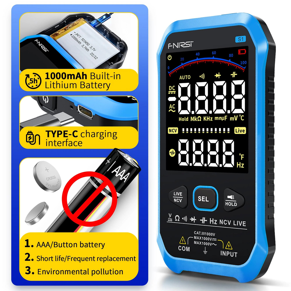 FNIRSI ψηφιακό πολύμετρο S1, 1000V AC/DC, NCV, RMS, επαναφορτιζόμενο - Image 4