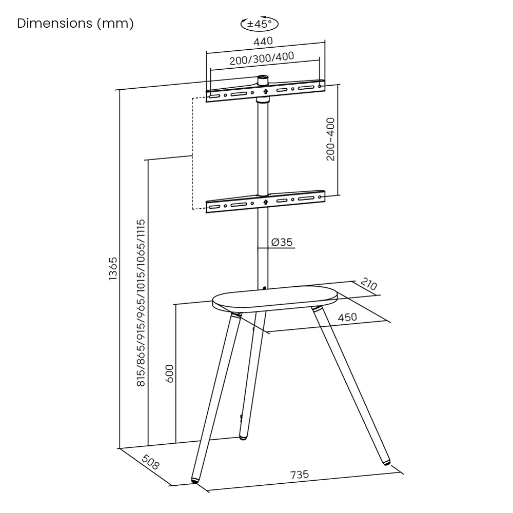 BRATECK βάση τηλεόρασης δαπέδου FS28-44F-04, 43-65", έως 35kg, με ράφι - Image 6