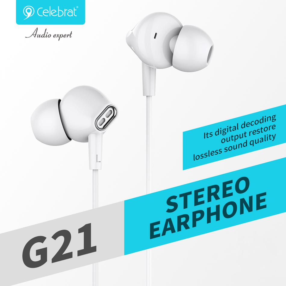CELEBRAT earphones με μικρόφωνο G21, 3.5mm σύνδεση, Φ12mm, 1.2m, λευκά - Image 3