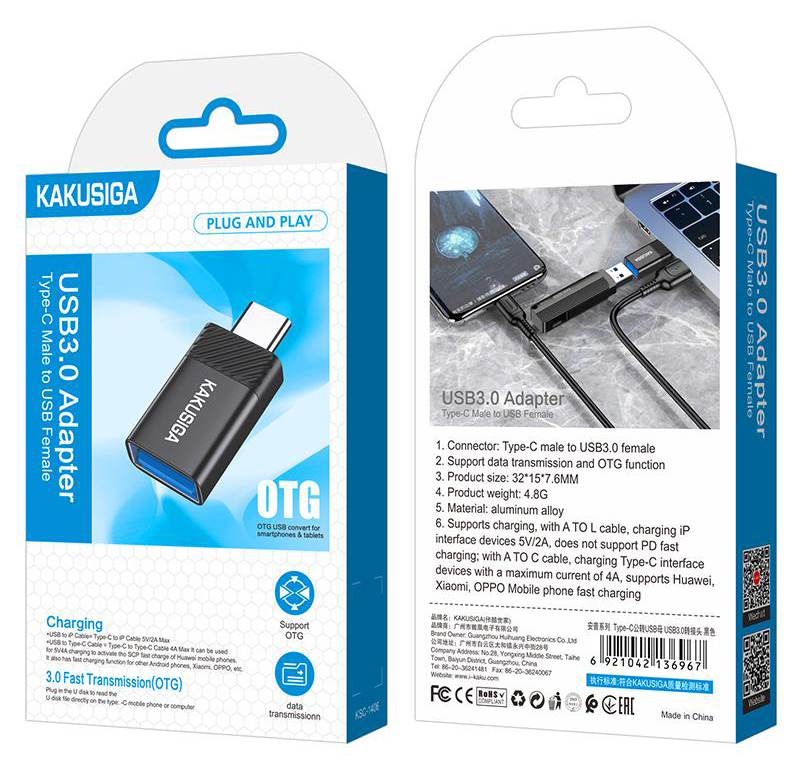 KAKUSIGA αντάπτορας USB-C σε USB KSC-1406, 5Gbps, 4A, μαύρος - Image 4