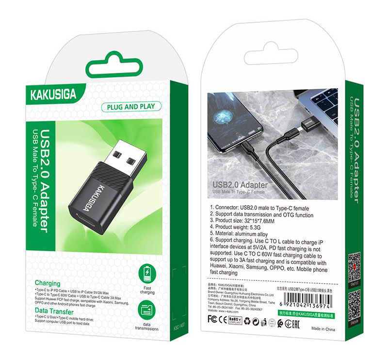 KAKUSIGA αντάπτορας USB-C σε USB KSC-1407, 480Mbps, 60W, μαύρος - Image 4