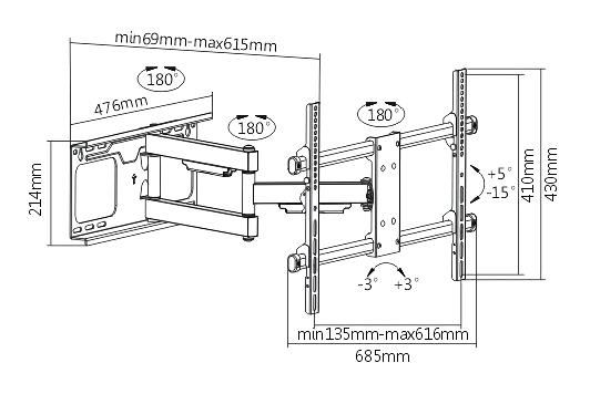 BRATECK επιτοίχια βάση τηλεόρασης LPA49-463D, 37-70", 60kg, heavy duty, full motion - Image 4