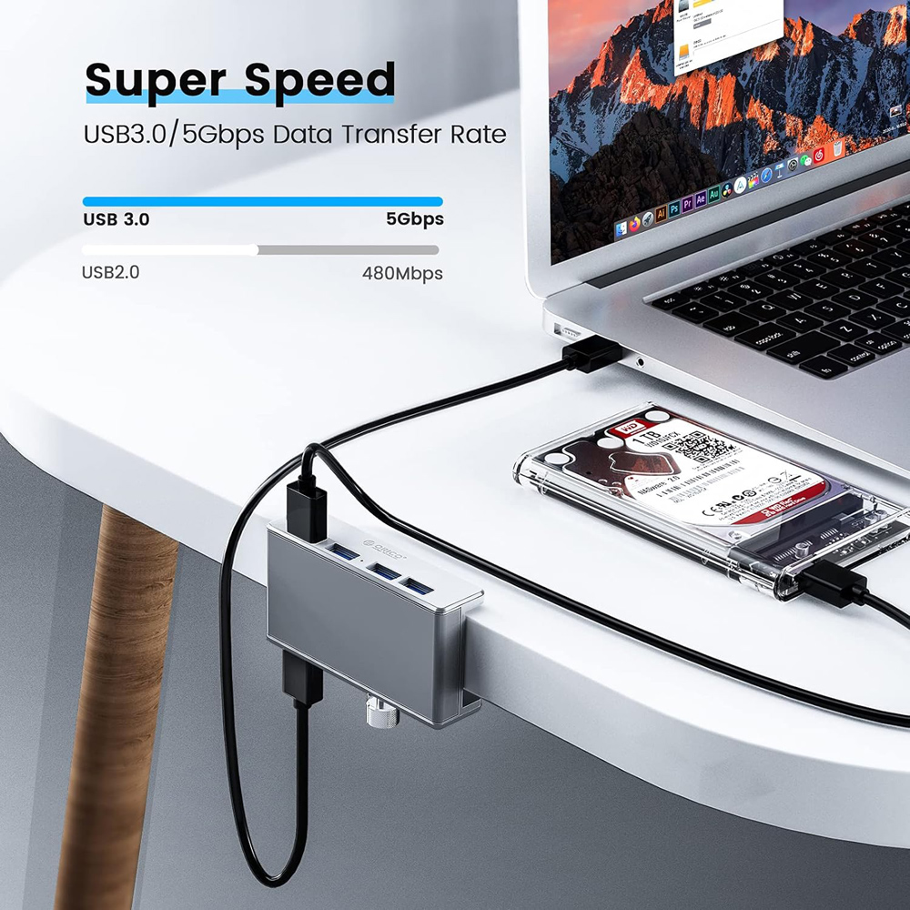 ORICO USB hub MH4PU-P με σφιγκτήρα, 4x θυρών, 5Gbps, USB σύνδεση, ασημί - Image 2