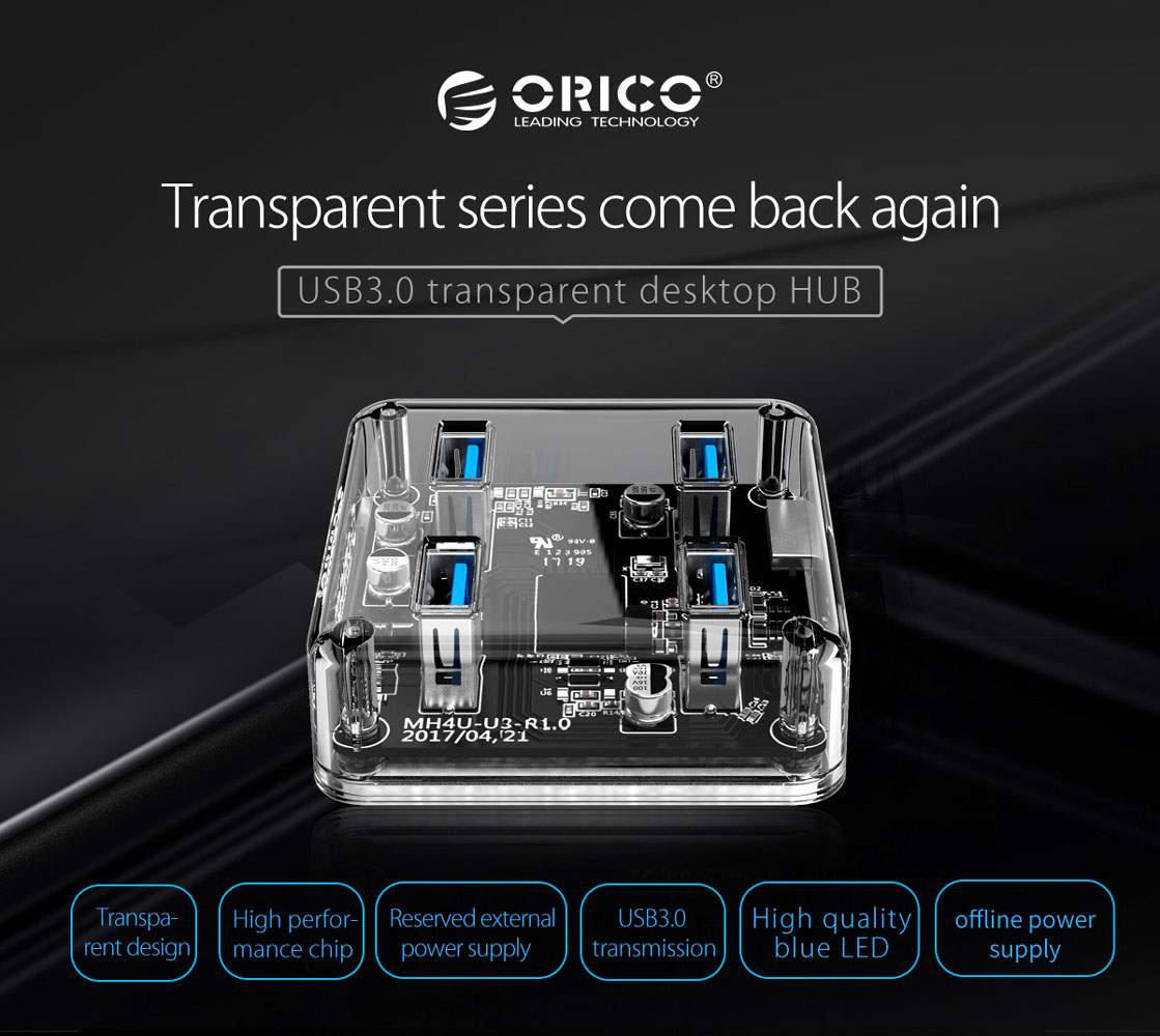 ORICO USB hub MH4U-U3, 4x θυρών, 5Gbps, διάφανο - Image 4