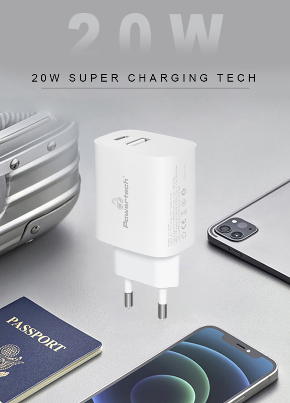 POWERTECH φορτιστής τοίχου PT-1040, USB & USB-C, PD QC3.0, 20W, λευκός - Image 2