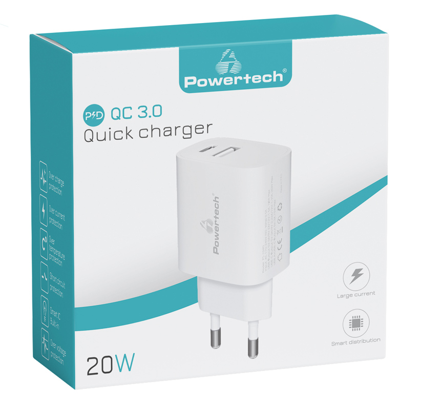 POWERTECH φορτιστής τοίχου PT-1040, USB & USB-C, PD QC3.0, 20W, λευκός - Image 3