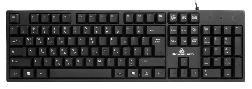 POWERTECH πληκτρολόγιο PT-1074, ενσύρματο, EN/GR, μαύρο