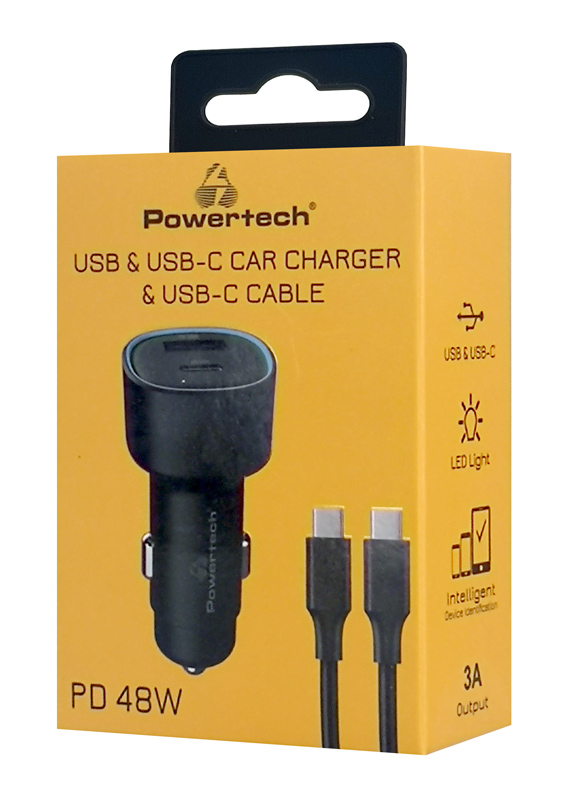 POWERTECH φορτιστής αυτοκινήτου PT-1230, καλώδιο, USB/USB-C, 48W, μαύρος - Image 2
