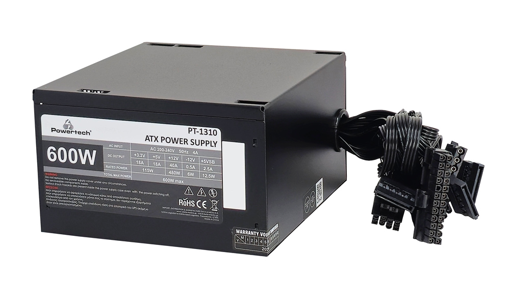 POWERTECH τροφοδοτικό PC PT-1310, 600W, ATX, 120mm Fan - Image 3