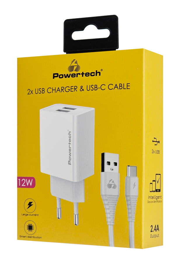 POWERTECH φορτιστής τοίχου PT-1324 με καλώδιο USB-C, 2x USB, 12W, λευκός - Image 2