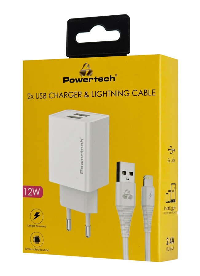 POWERTECH φορτιστής τοίχου PT-1325 με καλώδιο Lightning, 2x USB, 12W, λευκός - Image 2