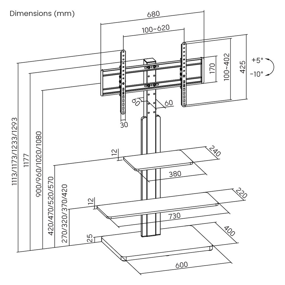 POWERTECH βάση τηλεόρασης δαπέδου PT-1422, 32-75", έως 40kg, με ράφια - Image 4