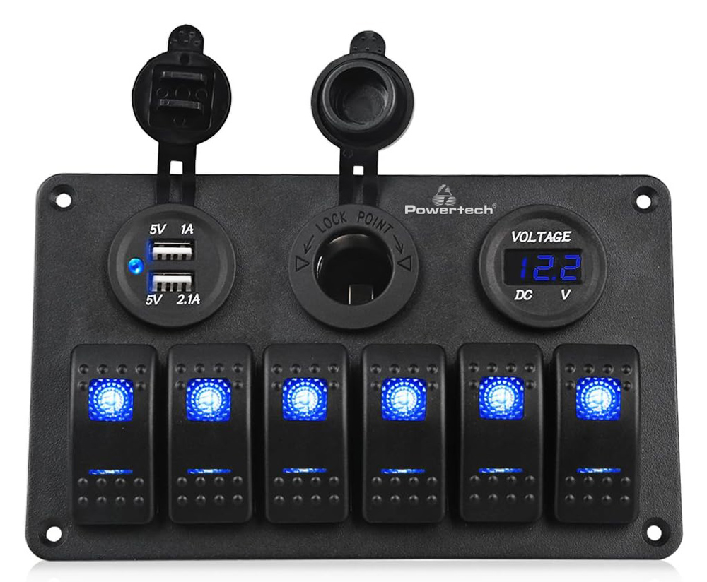 POWERTECH πάνελ σκαφών & οχημάτων PTL-020, πρίζα 12V/2x USB/6x διακόπτες
