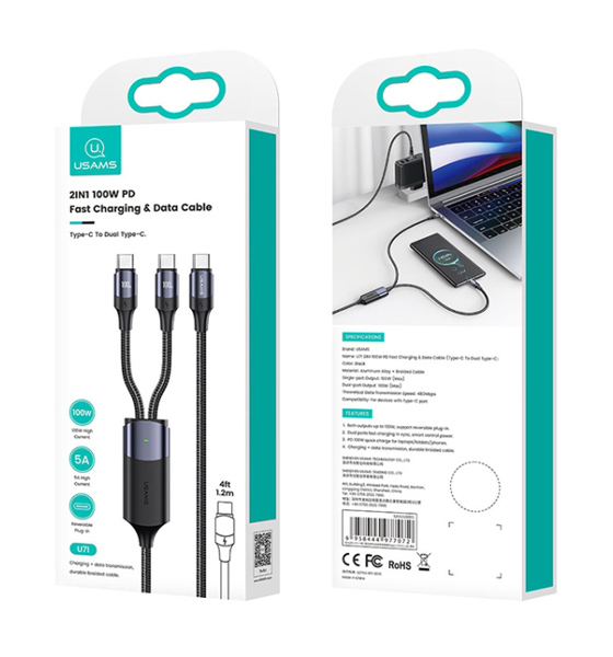 USAMS καλώδιο USB-C σε 2x USB-C US-SJ551, PD 100W, 1.2m, μαύρο - Image 3
