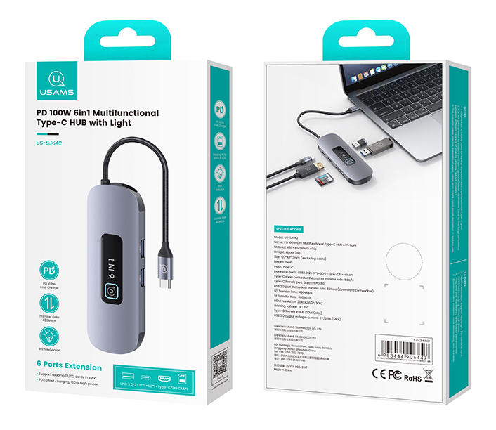USAMS docking station US-SJ643, 8 θυρών, USB-C, 4K, 100W PD, LAN, γκρι - Image 9