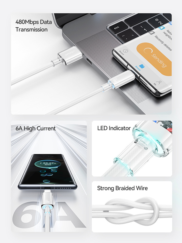 USAMS καλώδιο USB-C σε USB US-SJ658, 66W, 480Mbps, 1.2m, λευκό - Image 2