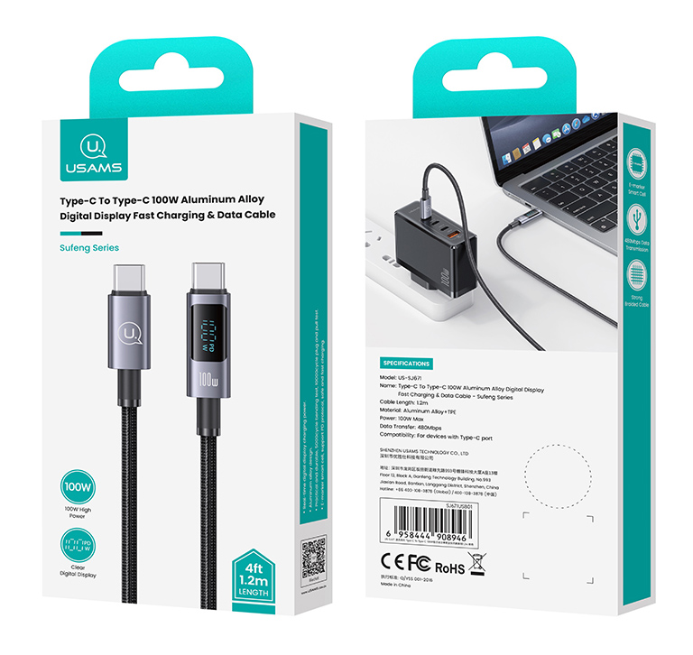 USAMS καλώδιο USB-C σε USB-C US-SJ671, 100W, 480Mbps, 1.2m, μαύρο - Image 5