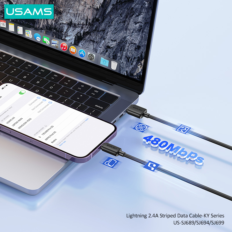 USAMS καλώδιο Lightning σε USB US-SJ689, 2.4A, 480Mbps, 1m, μαύρο - Image 3