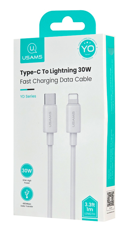 USAMS καλώδιο Lightning σε USB-C US-SJ712, 30W, 480Mbps, 1m, λευκό - Image 3