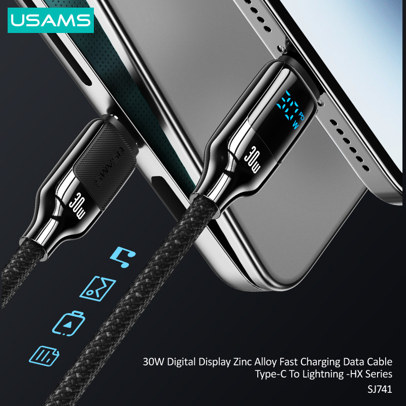 USAMS καλώδιο Lightning σε USB-C SJ741, 30W, 480Mbps, 1.2m, μαύρο - Image 3