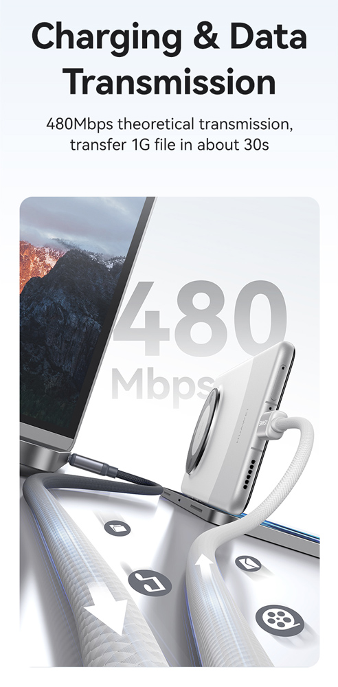 USAMS καλώδιο USB-C SJ756, 60W, 480Mbps, 1.2m, μαύρο/λευκό - Image 7