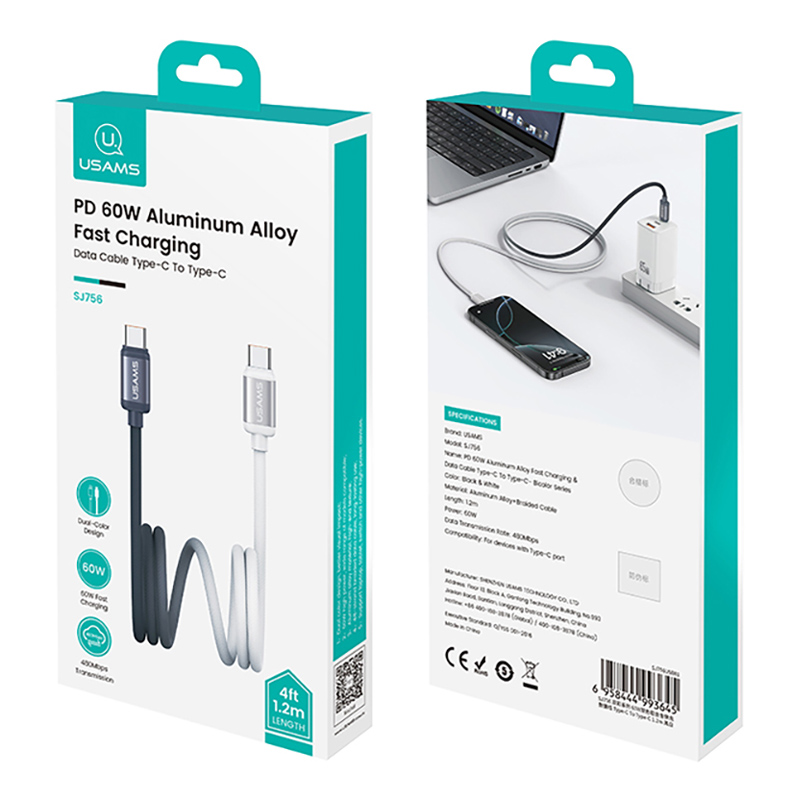 USAMS καλώδιο USB-C SJ756, 60W, 480Mbps, 1.2m, μαύρο/λευκό - Image 8