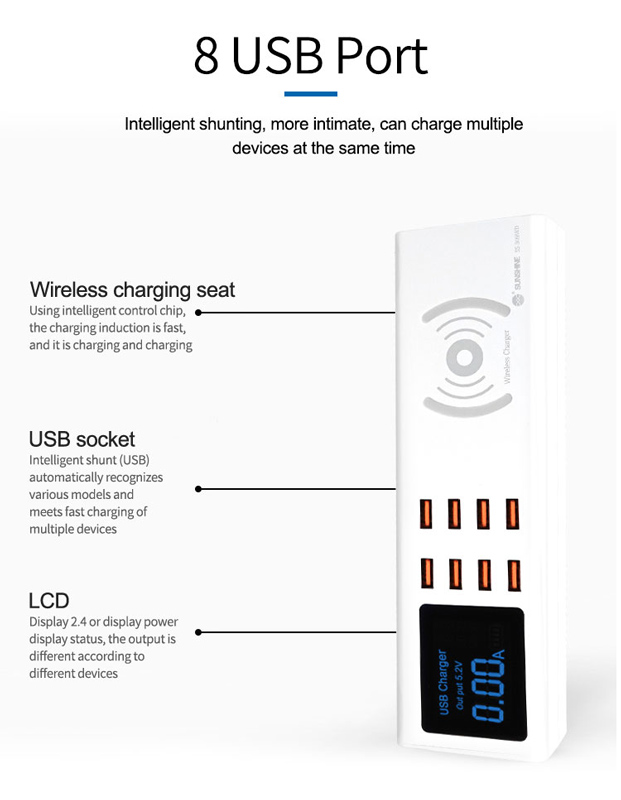 SUNSHINE σταθμός φόρτισης SS-309WD, 8x USB 8A, wireless 10W, λευκός - Image 4