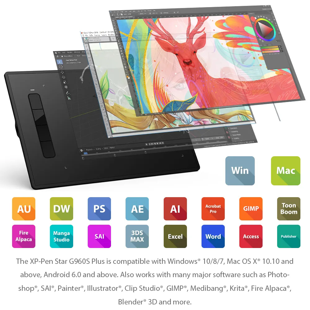 XP-PEN ταμπλέτα σχεδίασης με γραφίδα Star G960S Plus, 228.8x152.6mm, μαύρο - Image 6