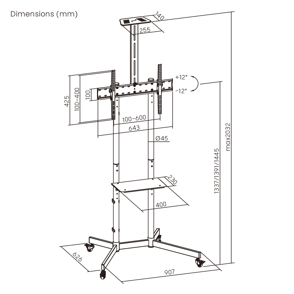 BRATECK βάση τηλεόρασης δαπέδου T1042T, 37-70", έως 45kg, με ράφια & ροδάκια - Image 7