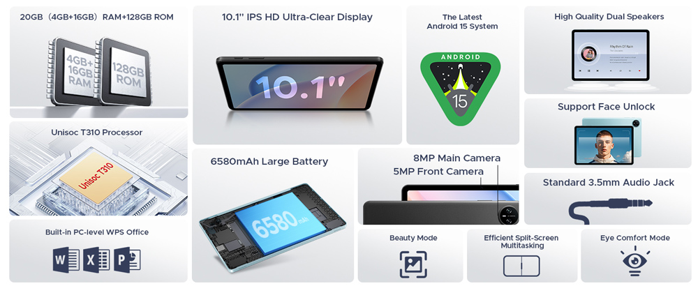 DOOGEE tablet Tab A9 Pro με πληκτρολόγιο/ποντίκι/στυλό αφής/θήκη, 10.1", 4/128GB, Android 15, 6580mAh, μπλε - Image 12