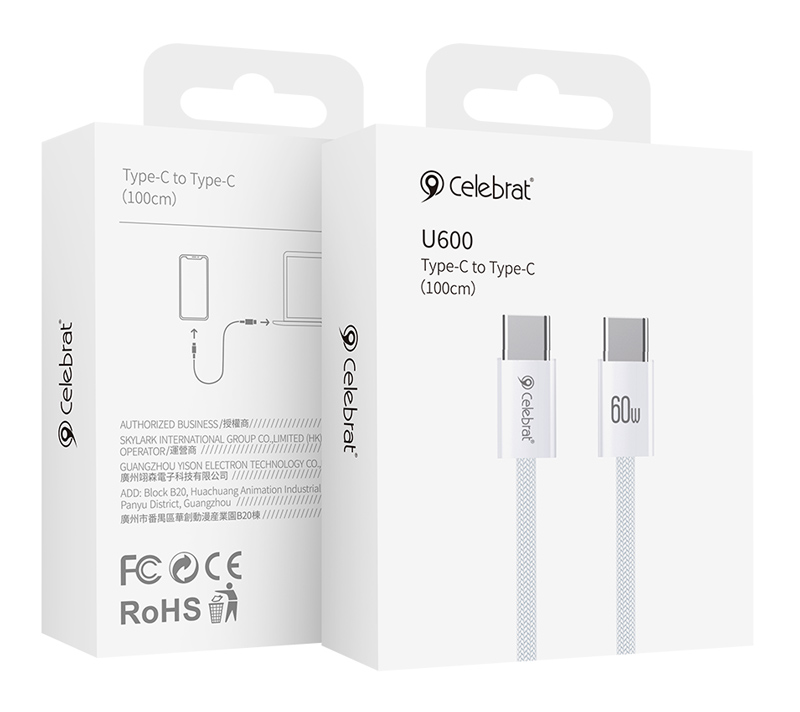 CELEBRAT καλώδιο USB-C U600, 60W, 480Mbps, 1m, λευκό - Image 3