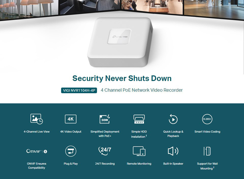 TP-LINK NVR καταγραφικό VIGI NVR1104H-4P, 8MP, 4 κανάλια PoE+, Ver. 1.0 - Image 2