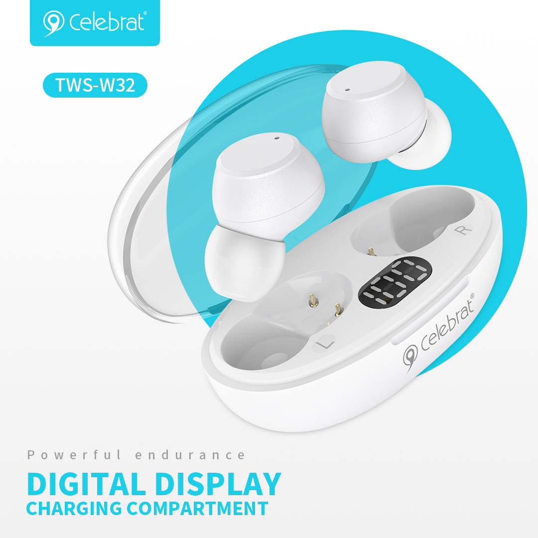 CELEBRAT earphones με θήκη φόρτισης TWS-W32, True Wireless, Φ8mm, λευκά - Image 2