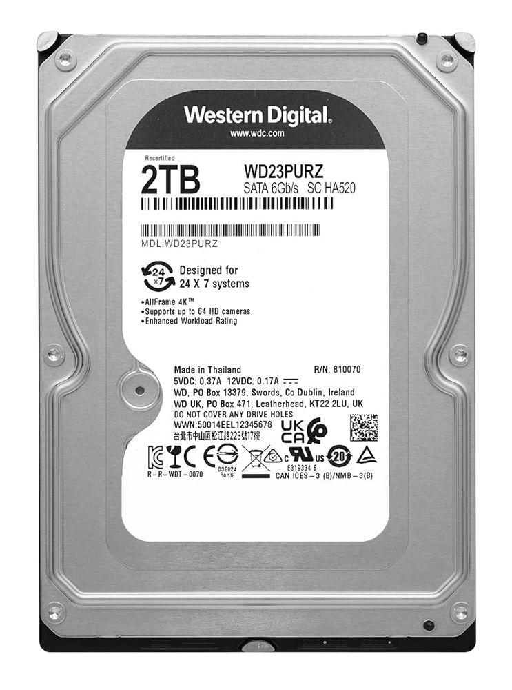 WD σκληρός δίσκος Purple Surveillance 3.5", 2TB, 64MB, 5400RPM, 6Gb/s, Factory Recertified