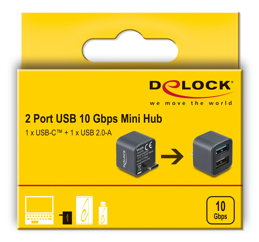 DELOCK mini USB hub 64359, 2x θυρών, USB 3.2, 10Gbps, USB-C σύνδεση, γκρι - Image 4