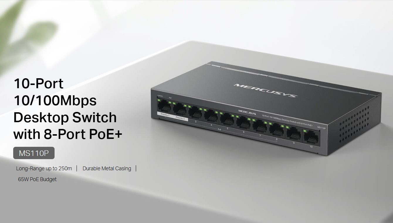 MERCUSYS desktop switch MS110P, 10x 10/100Mbps θύρες, PoE+, V1.0 - Image 2